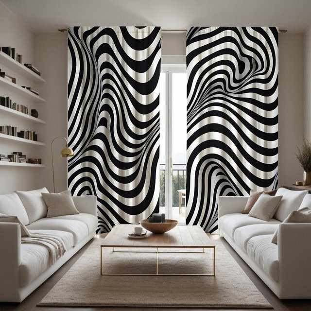 2er-Set dekorative Gardinen mit schwarz-weißem geometrischem Wellenmuster und digitalem Banddruck, semi-transparent, B: 132 cm, H: 160 cm - Bild 1