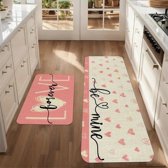 VIKAMA 2-teiliges Küchenset mit Herzmuster in Pink, rutschfeste und waschbare Mikrofaser-Matten für Küche und Flur - Bild 1