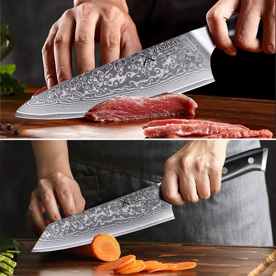 DASHWAY 2er-Set professionelle japanische Küchenmesser aus 67-lagigem Damaststahl, Bunka und Kiritsuke, Farbe: Silber - Bild 3