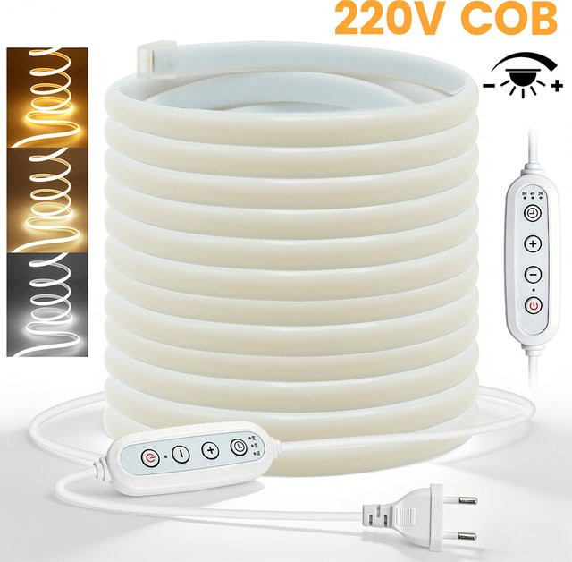 HAGAHA COB LED-Streifenlicht Set mit Dimmer-Kit, 220V dimmbarer weißer Neon-LED-Streifen mit 288 LEDs und Silikon-Schlauch für moderne Raumbeleuchtung - Bild 1