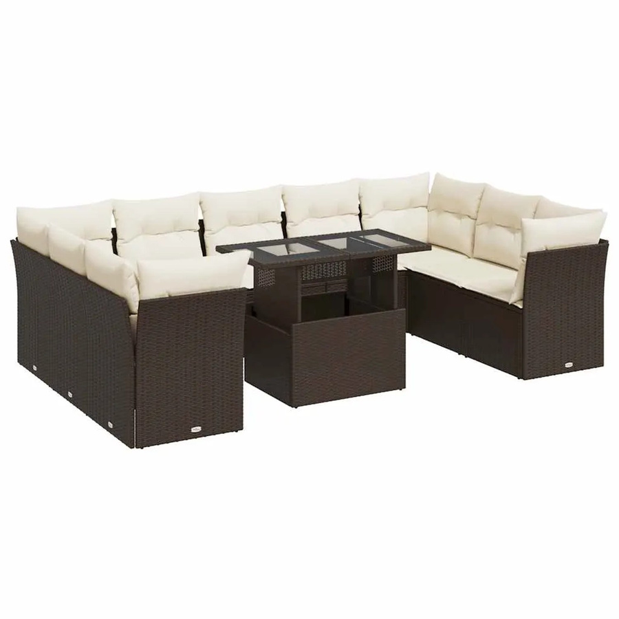 vidaXL 10-teilige Garten-Sofagarnitur aus Poly-Rattan in Braun mit Kissen und Glastisch - Bild 2