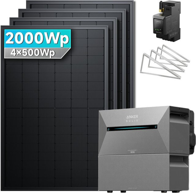 Anker Solarmars Balkonkraftwerk 2000W mit Speicher Anker SOLIX Solarbank 2 E1600 Pro und BP2700 Modul in Grau inklusive Flachdachhalterung - Bild 1