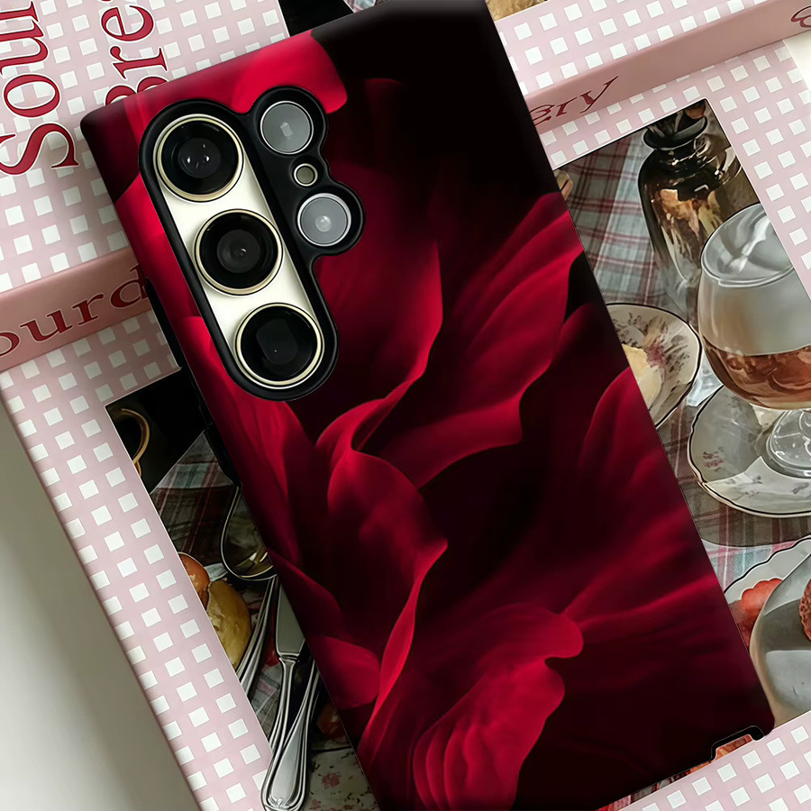 Stoßfeste Doppelschicht Handyhülle mit Samt-Blumen-Design für Samsung Galaxy S25 Ultra, S24 und S23 Ultra Plus in Rot-Schwarz - Bild 4