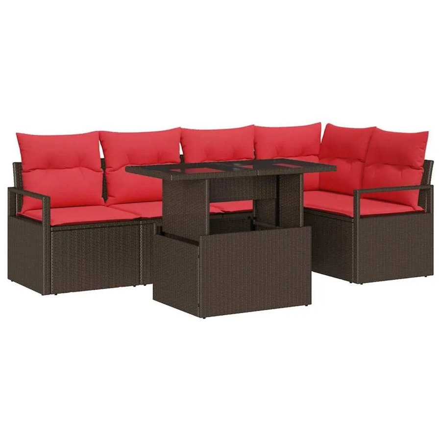 vidaXL Garten-Sofa-Set aus Poly-Rattan in L-Form mit 6-teiligem Zubehör, braun und rot mit Kissen und Couchtisch - Bild 2