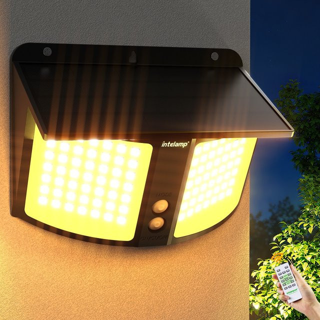 Intelamp Solar-Flutlicht mit Radar-Sensor und Fernbedienung, LED Wandleuchte mit 3 Farben, wasserdicht, 4000 mAh, Weiß/Schwarz - Bild 1
