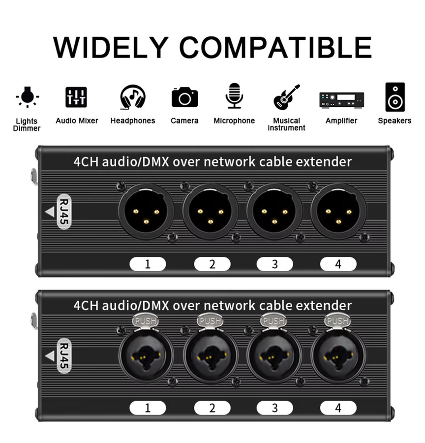TITAK RJ45 CAT5 CAT6 zu 4-Kanal 3-Pin XLR DMX512 Audio-Extender, vergoldeter DMX-Netzwerksignal-Transceiver in Schwarz für Live-Bühne und Aufnahmestudio - Bild 5
