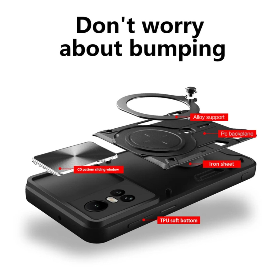 Stoßfeste Armor Handyhülle mit Schiebe-Objektivschutz und Ringhalter für OPPO Reno 10 5G in Schwarz - Bild 2