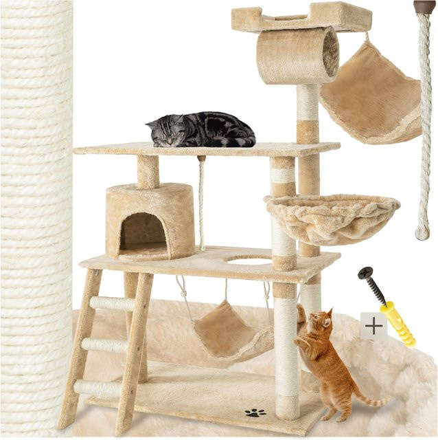 tectake Kratzbaum beige mit Katzenhöhle, Hängematte und Spielzeug, B/T/H: 105 x 60 x 141 cm - Bild 1