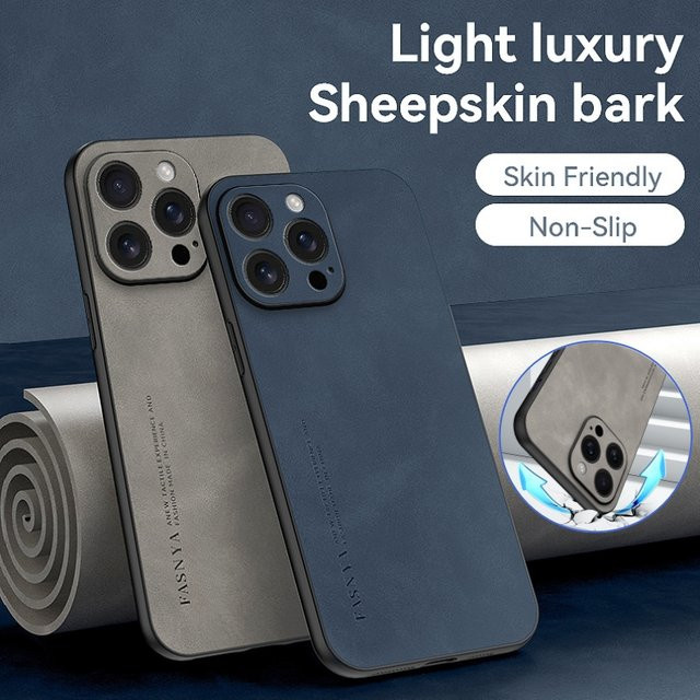 Luxuriöse Apple iPhone Handyhülle aus Leder und Schaffell mit Kameraobjektivschutz und matter Rückseite in Grau - Bild 1