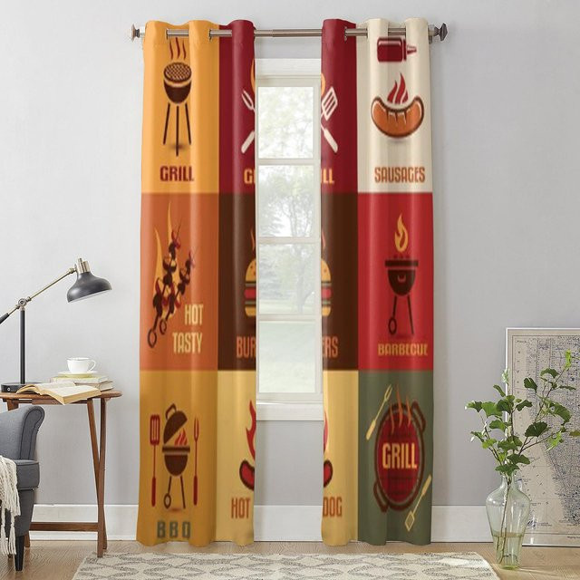 Super Six Barbecue Icons Vintage Vorhänge aus Polyester, Braun/Mehrfarbig, Breite: 135 cm, Höhe: 60 cm - Bild 1
