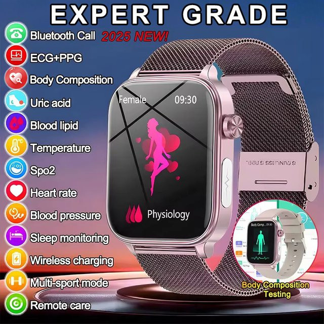 GUHUAVMI Smartwatch für Frauen mit EKG und PPG Überwachung zur Messung von Blutdruck, Blutlipiden, Harnsäure und Menstruationszyklus in Grau oder Pink - Bild 1