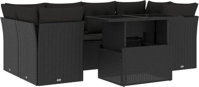 vidaXL 7-teilige Garten-Sofagarnitur in L-Form aus Poly-Rattan in Schwarz mit Tisch und Kissen - Bild 1