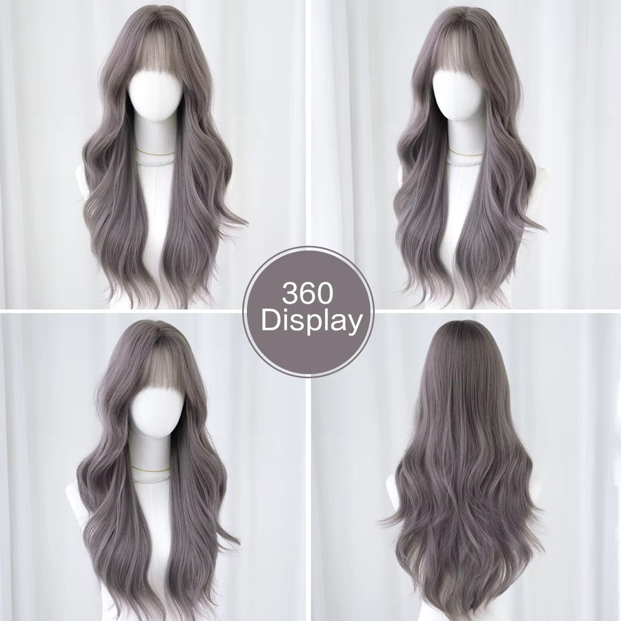 7JHH WIGS Perücke für Damen, lang, gewellt, aschviolett, mit Pony - Bild 3