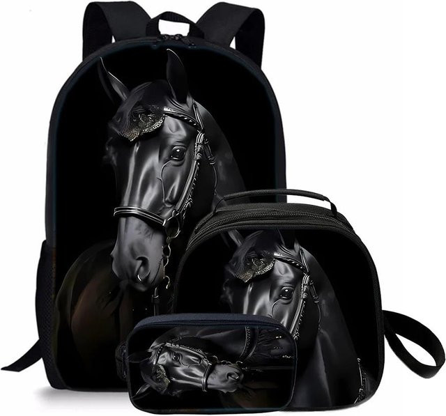 3er Set BAOERYE Runde Lunchtaschen und Federmäppchen mit Pferdemotiv für Kinder in Schwarz - Bild 1