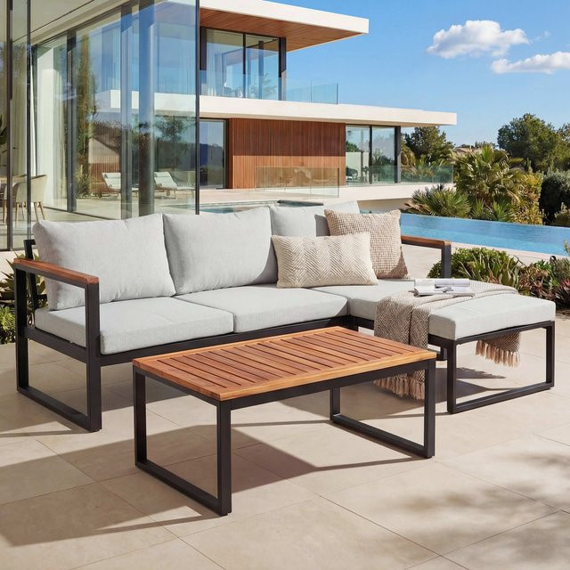 MCW Garten-Garnitur L26b Lounge-Set aus Aluminium und Akazie Holz in Hellgrau mit Polstern und Ottomane - Bild 1