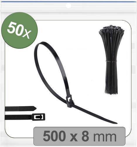 Quadrios Kabelbinder 25CA700 Schwarz, lösbar mit Hebelverschluss, UV-stabilisiert und witterungsbeständig, 50 Stück, Breite: 8 mm, Länge: 500 mm - Bild 1