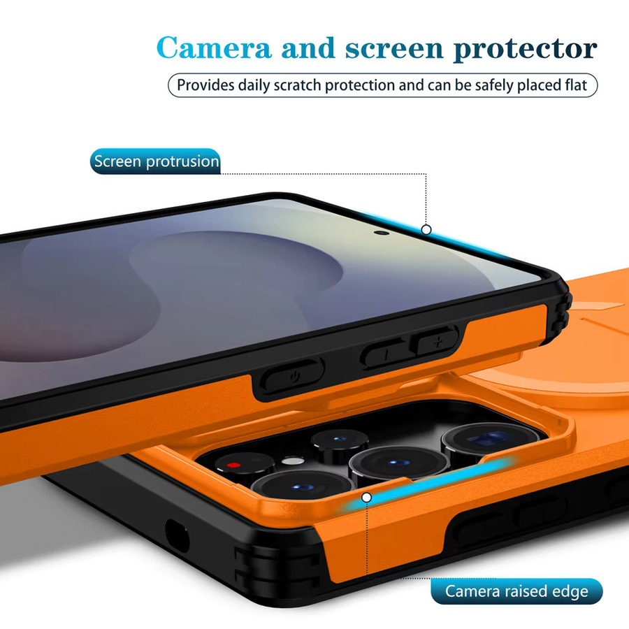 Stoßfeste Rüstung-Schutzhülle mit magnetischer unsichtbarer Faltenhalterung für Samsung Galaxy S26 S25 S24 S23 S22 Ultra Plus, Wireless Charging kompatibel, in Blau oder Orange - Bild 4