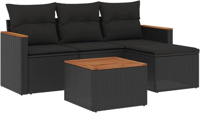 vidaXL 5-teilige Garten-Sofagarnitur aus Poly-Rattan und Akazienholz in Schwarz mit Kissen - Bild 1