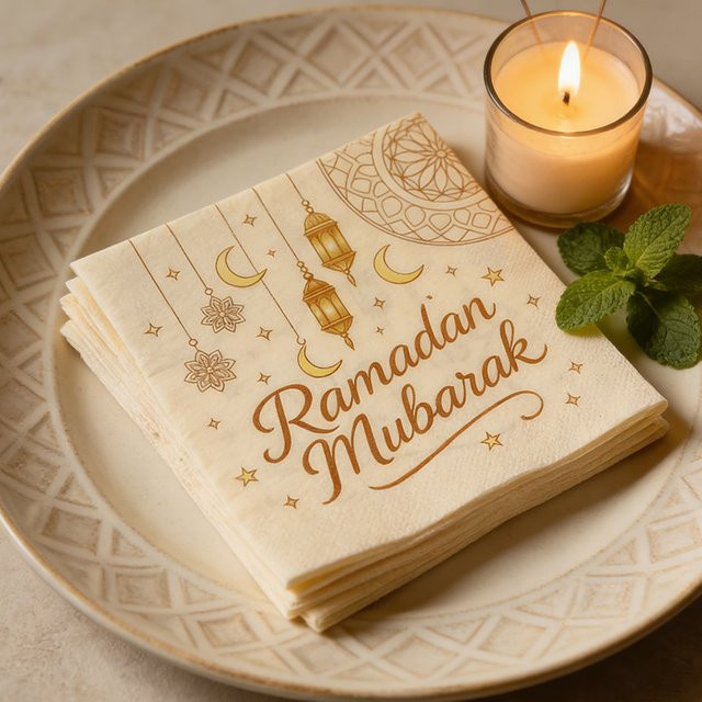 ZQNYCY Ramadan Mubarak Papierservietten mit goldenem Mond und Laterne in Gold für deine islamische Eid Tischdekoration - Bild 1