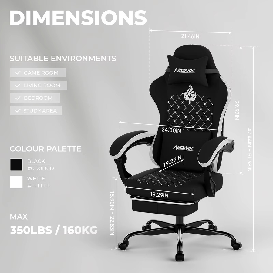 Ergonomischer SUKIDA Gaming-Stuhl mit hoher Rückenlehne und Fußstütze in Schwarz-Weiß aus Kunstleder für Erwachsene - Bild 2