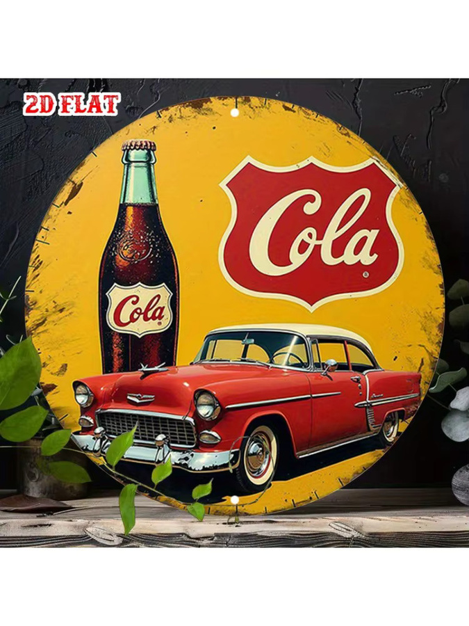 Potdemiel Metallblechschild Vintage Red Car & Cola Beverage Rund, Durchmesser: 20 cm, Farbe: Rot/Mehrfarbig - Bild 6
