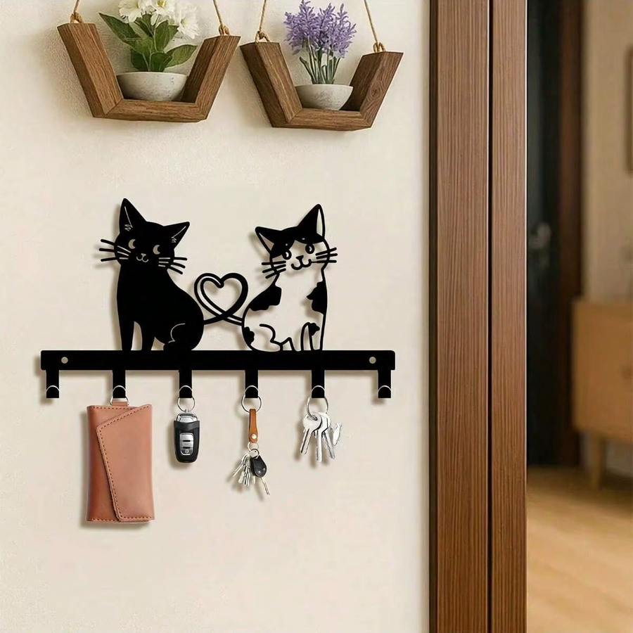 CIFBUY Brand Double Cat Schlüsselhalter zur Wandmontage aus schwarzem Metall mit Herz-Design und Aufbewahrungsregal - Bild 5