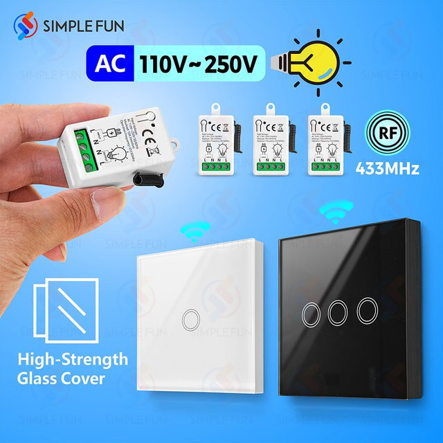 SLMPLEFUN Drahtloser Touch-Panel Lichtschalter 86-Typ mit RF433MHz Relais-Modul in Weiß - Bild 1
