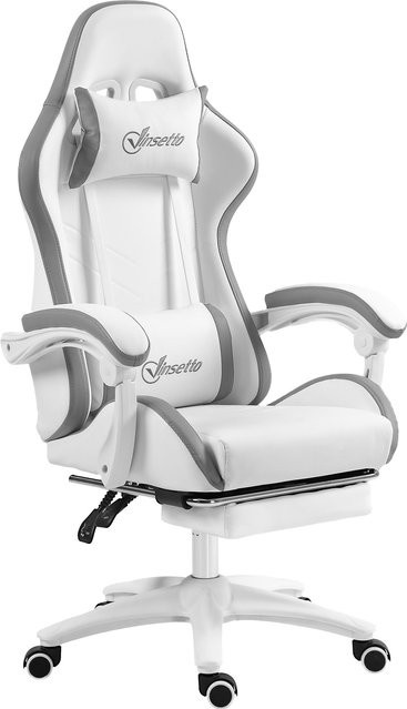Vinsetto Gaming-Stuhl ergonomischer Bürostuhl mit ausfahrbarem Fußteil und 135 Grad neigbarer Rückenlehne, verstellbare Kopfstütze und Lendenwirbelstütze, 360 Grad drehbar, Weiß/Grau - Bild 1