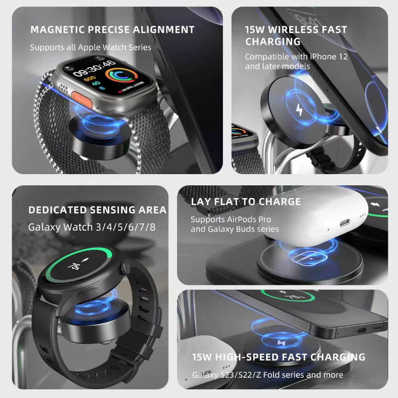 VIKEFON 5 in 1 15W Dual Magnetisches kabelloses Ladegerät für iPhone 12 bis 17, Samsung Galaxy Watch und AirPods Pro/Buds - Bild 4