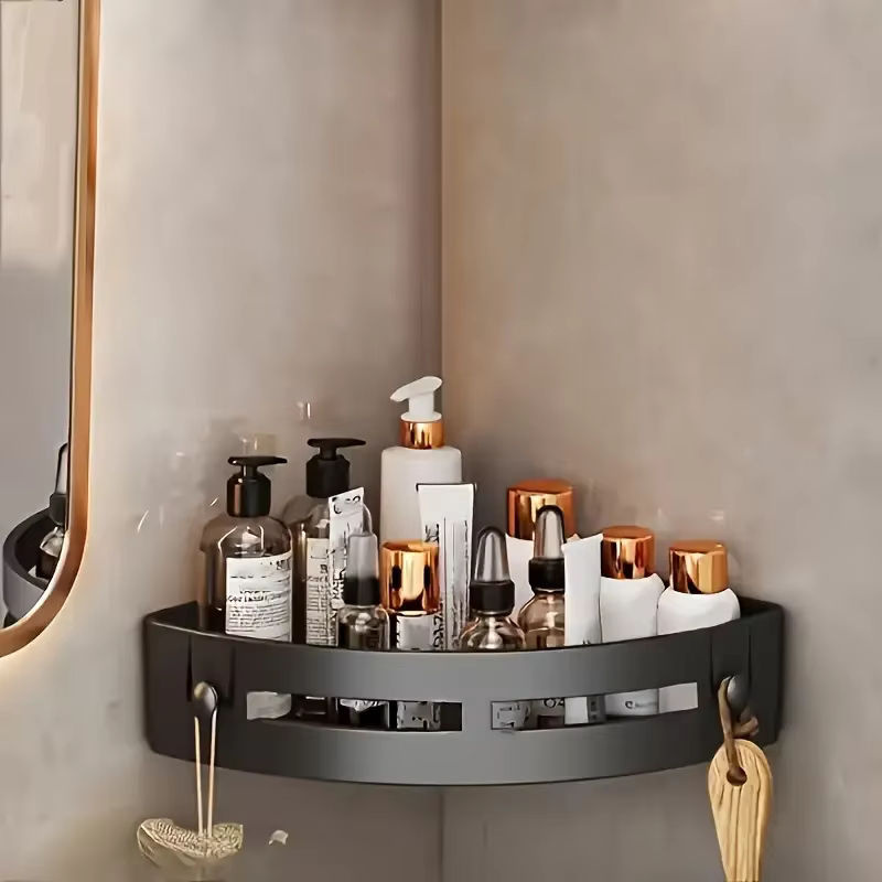 YANKE Wandmontiertes Badezimmer-Organizer-Regal aus Kunststoff in Schwarz mit Haken und Fächern für Shampoo und Handtücher - Bild 5