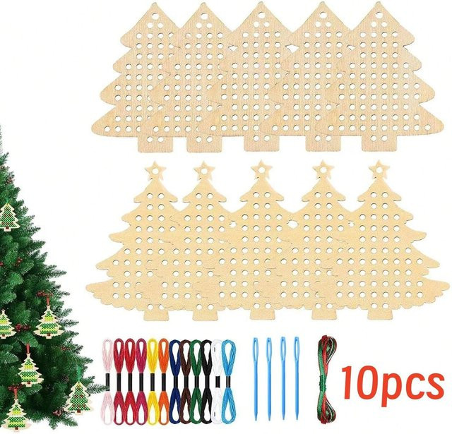NOTIONSLAND 10er Set DIY Kreuzstich Holzanhänger für Weihnachtsdekoration und Handarbeit - Bild 1