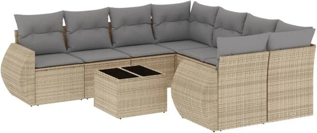 vidaXL 9-teilige Garten-Sofagarnitur in L-Form aus Poly-Rattan mit Kissen in Beige-Grau - Bild 1