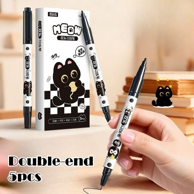 TWBEB 5 Stück Doppelspitzen-Zeichenstifte mit feiner Linie im schwarzen Katzen-Design, wasserfeste Manga-Marker für Kunststudenten, Farbe: Schwarz - Bild 1