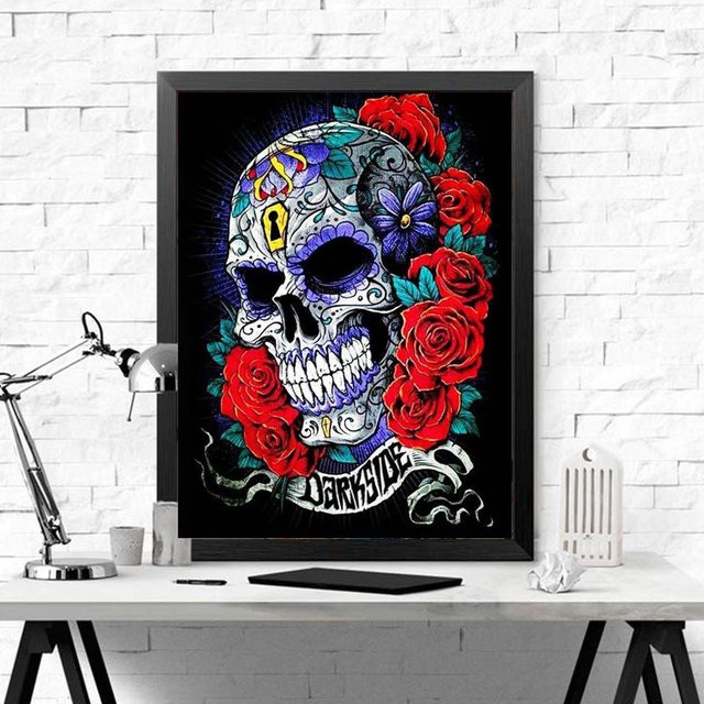 FIYO 5D DIY Diamantmalerei Totenkopf mit Blumenmädchen als Kreuzstich-Stickerei, B/H: 40 x 50 cm - Bild 1