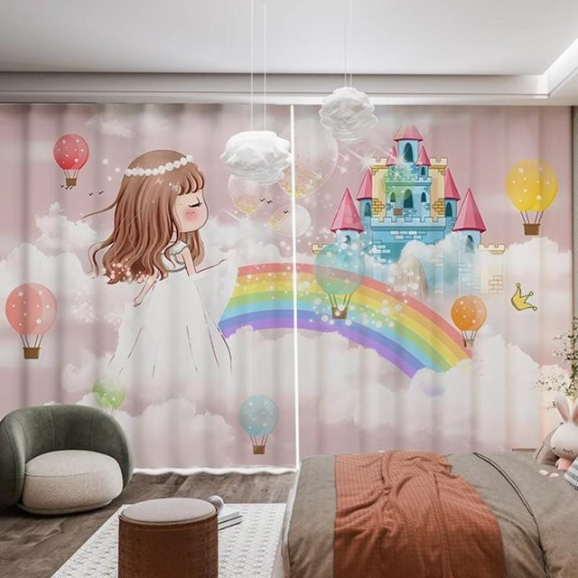 Yiran Furniture Einhorn Vorhang für Kinder und Mädchen, Rosa Regenbogen Wal Cartoon Design, 2er Set, halbtransparent, B: 70 cm, H: 185 cm - Bild 1