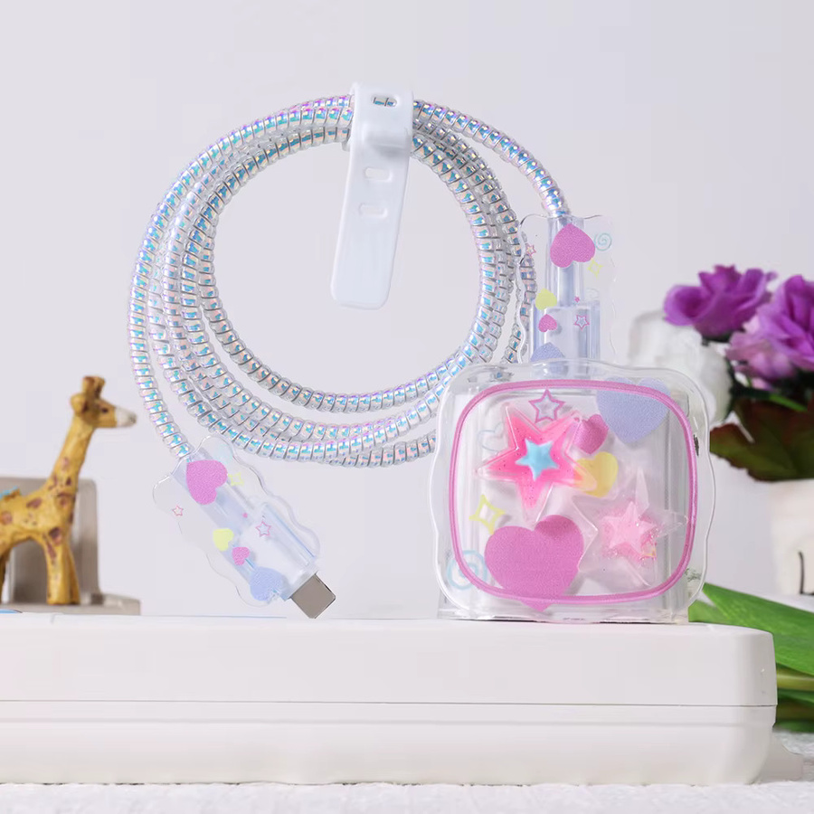 3D Pink Cute Star TPU Ladegerät Schutzhülle und Kabelwickler Kit für iPhone 16 18W/20W Schnellladekabel - Bild 4
