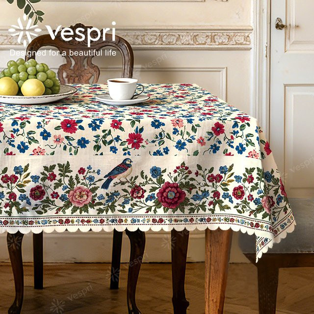 Vespri Frühlingstischdecke mit floralem Blumenmuster in Weiß und Rot für Ostern und Landhausstil, rund - Bild 1