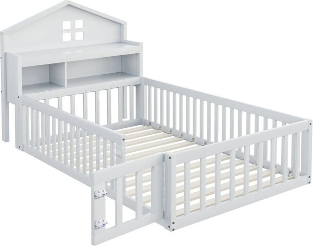 Merax Kinderbett Hausbett aus Massivholz mit Stauraum und Nachttischregal, Weiß, B/T/H: 90 x 200 x 115 cm - Bild 1