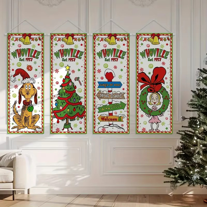 VIKAMA 4-teiliges Weihnachtsbanner zum Aufhängen Willkommen bei Whoville in Mehrfarbig für Innen- und Außenbereich - Bild 2