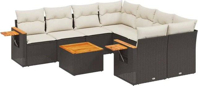 vidaXL 9-tlg Garten-Sofagarnitur in L-Form aus Poly-Rattan und Akazienholz mit Kissen in Schwarz und Cremeweiß - Bild 1