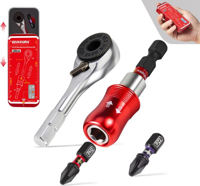 Geinxurn Mini-Ratschenschraubendreher-Set aus gehärtetem Stahl mit magnetischem Schlagbithalter und 1/4 Zoll Schraubenschlüssel in Rot - Bild 1