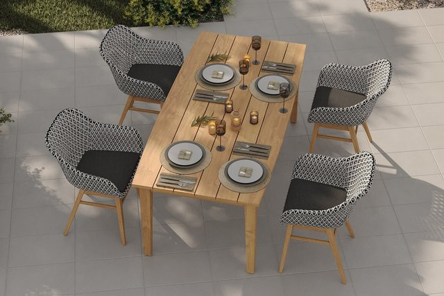 OUTFLEXX Bali Garten-Essgruppe aus Akazie und Polyrattan mit 4 Dining Sesseln, schwarz/weiß/natur, Tisch B: 180 cm, T: 90 cm, H: 78 cm - Bild 1