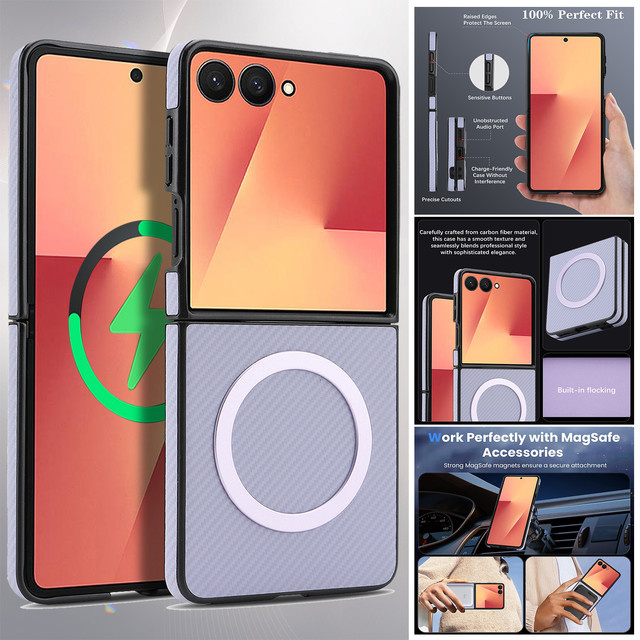 Luxuriöse ultradünne Handyhülle aus Kohlefaser-Leder für Samsung Galaxy Z Flip, Magnetic MagSafe Business Cover, Blau - Bild 1