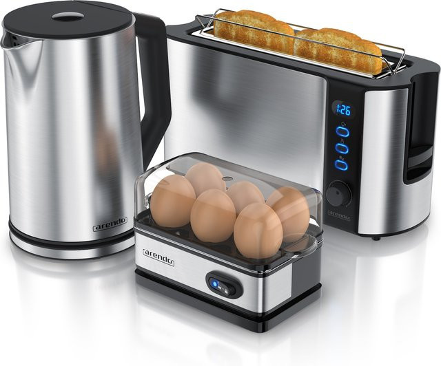 Arendo Frühstücksset 3-teilig in Silber aus Edelstahl mit 2-Scheiben-Toaster, 6er-Eierkocher und 1,5 l Wasserkocher - Bild 1