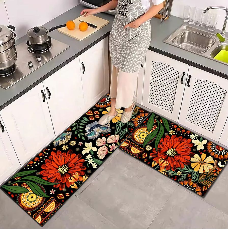 VIKAMA 2-teiliges Sommerblumen-Teppich-Set, rutschfeste und waschbare Bodenmatten für dein Badezimmer oder die Heimdekoration - Bild 2