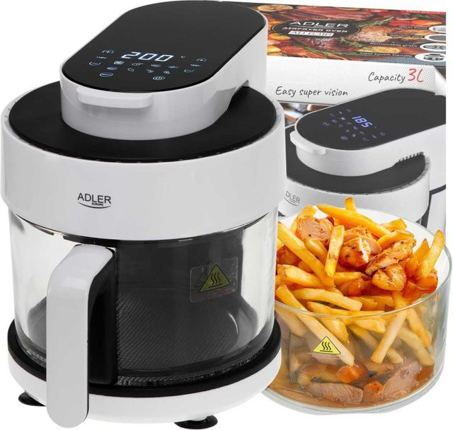 Adler Heißluftfritteuse mit Glasschüssel, 3l, Weiß, 1400 W, 8 Programme, Temperaturregelung 80-200 °C und Timer - Bild 1