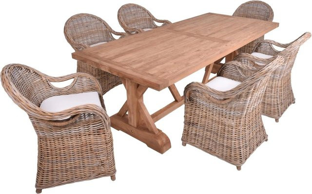 DELUKE Garten-Sitzgruppe NOAH 7-teiliges Gartenmöbel-Set aus Teakholz und Rattan in Mattbraun - Bild 1