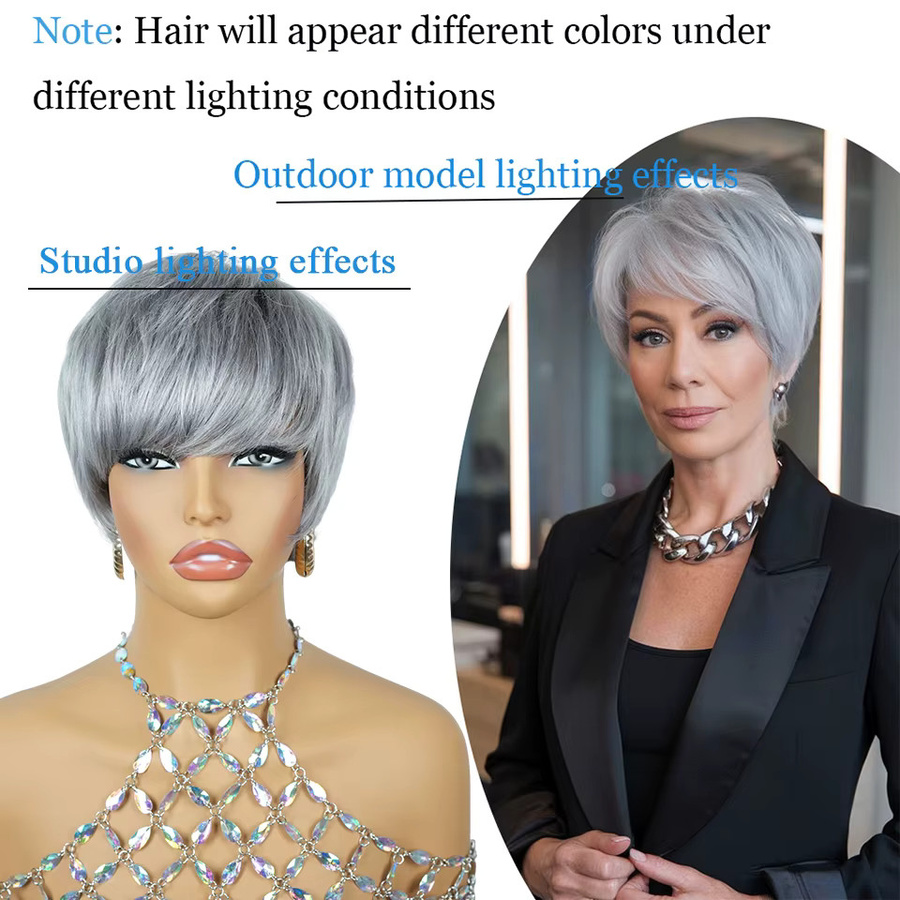 OYM HAIR Perücke, Pixie-Schnitt, grau, brasilianisches Echthaar, Damen - Bild 3