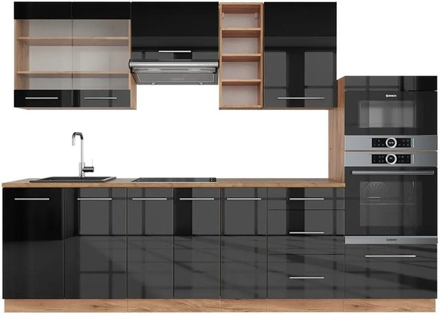 Vicco Fame-Line Küchenzeile Anthrazit Hochglanz und Goldkraft Eiche, Breite: 280 cm - Bild 1