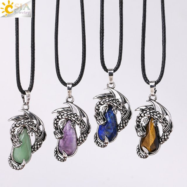 CSJA Jewelry Halskette, Naturstein Anhänger, Amethyst, Obsidian, Silber, Unisex - Bild 1